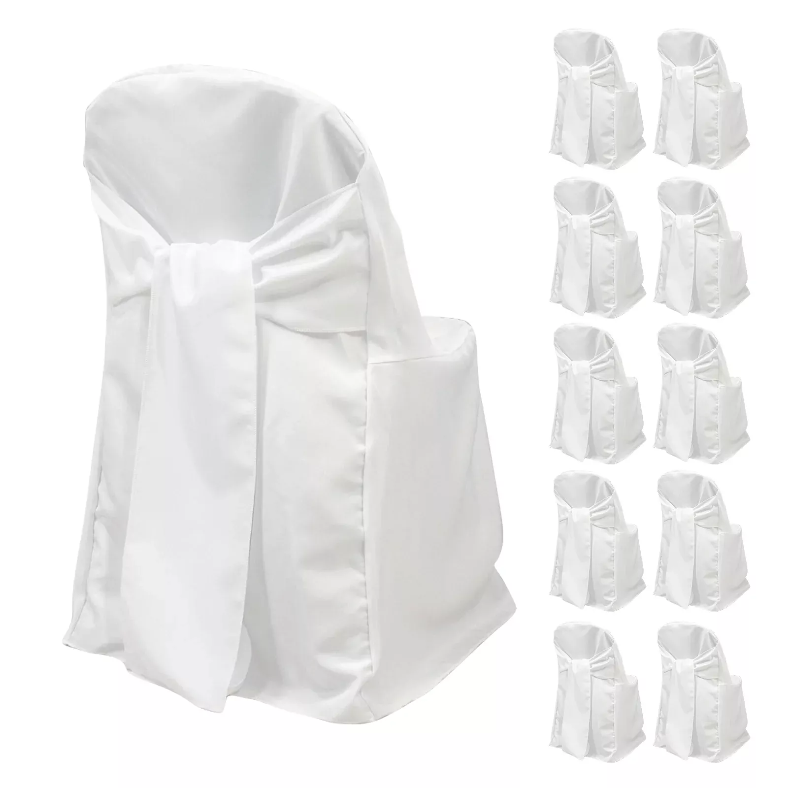 10-Pack Polyester Slip-On Folding Chair Covers with Attached Sashes – White Durable Reusable Covers for Wedding & Event Decor