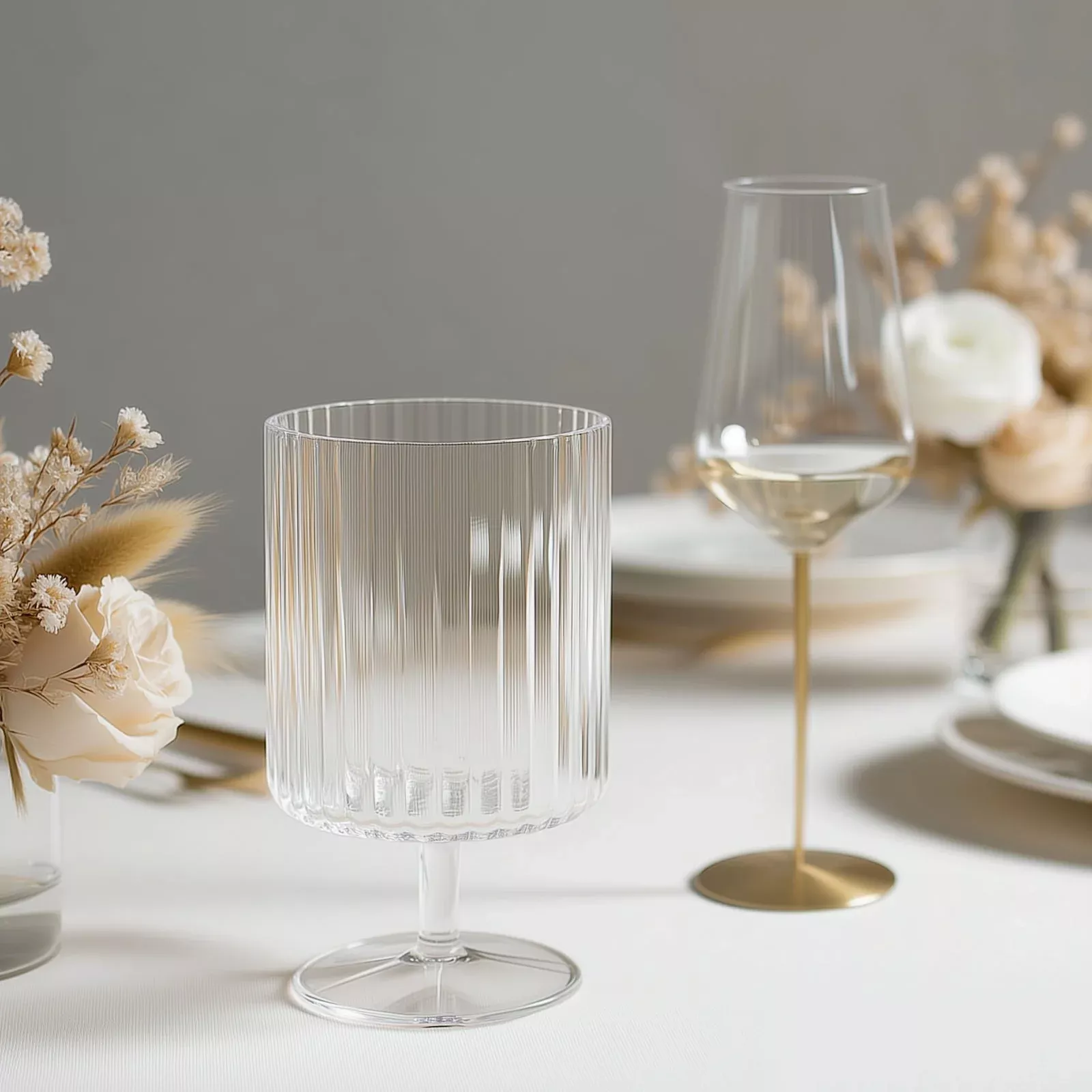 12-Pack Plastic Goblets Clear Vintage Ribbed Pattern Short Stem - Reusable Wine Glasses 12oz
