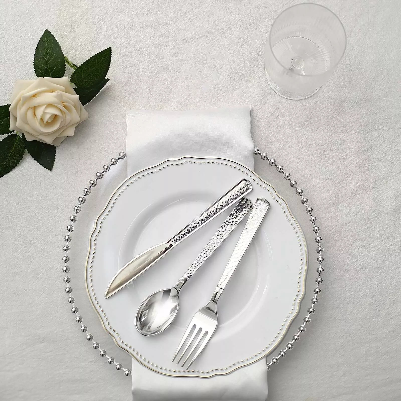 24-Pack Plastic Silverware Set with Hammered Design Silver - Heavy Duty Disposable Utensils 7"
