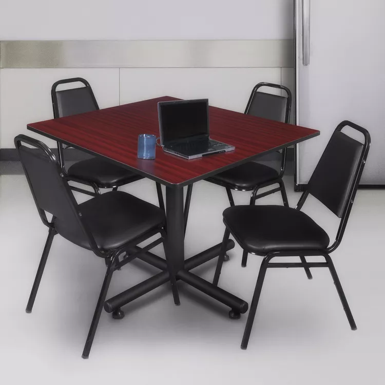 48 Square Mahogany Breakroom Table & 4 Black Stack Restaurant Chairs - Regency Seating
