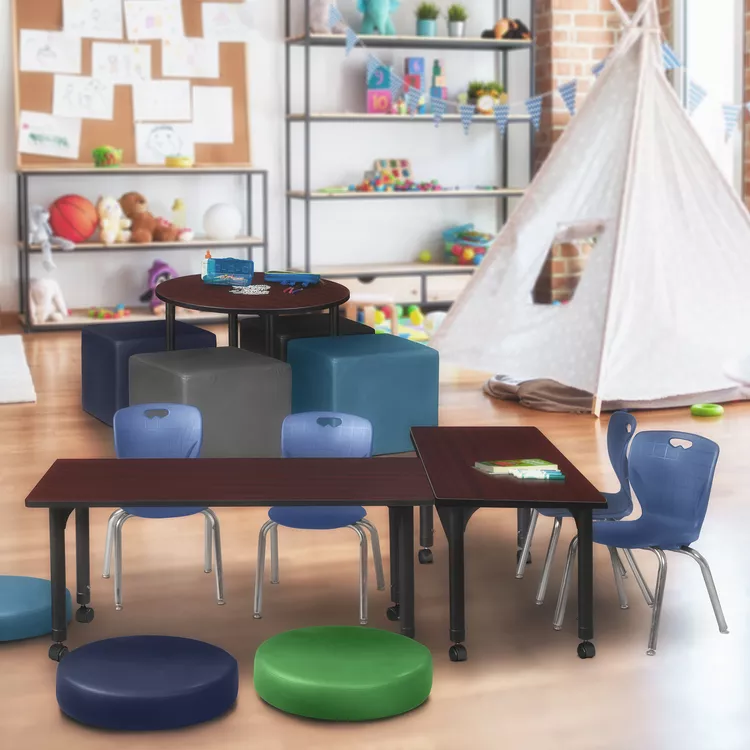 48 x 24 Height Adjustable Mobile Classroom Table & Navy Blue Stack Chairs - Regency Seating