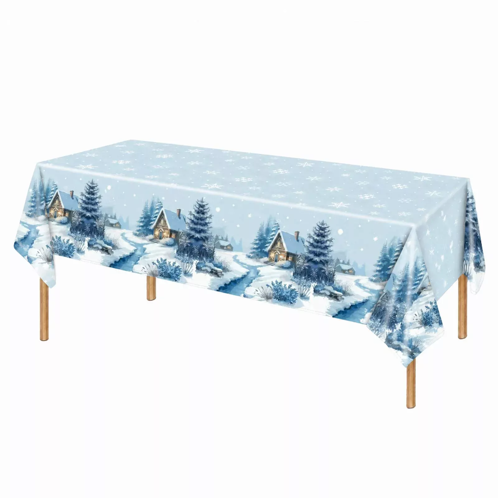 5 Pack 54"x108" Plastic Christmas Tablecloths Rectangular - Blue, Snowy Winter Village Cabin & Pine Tree Disposable Party Table Covers