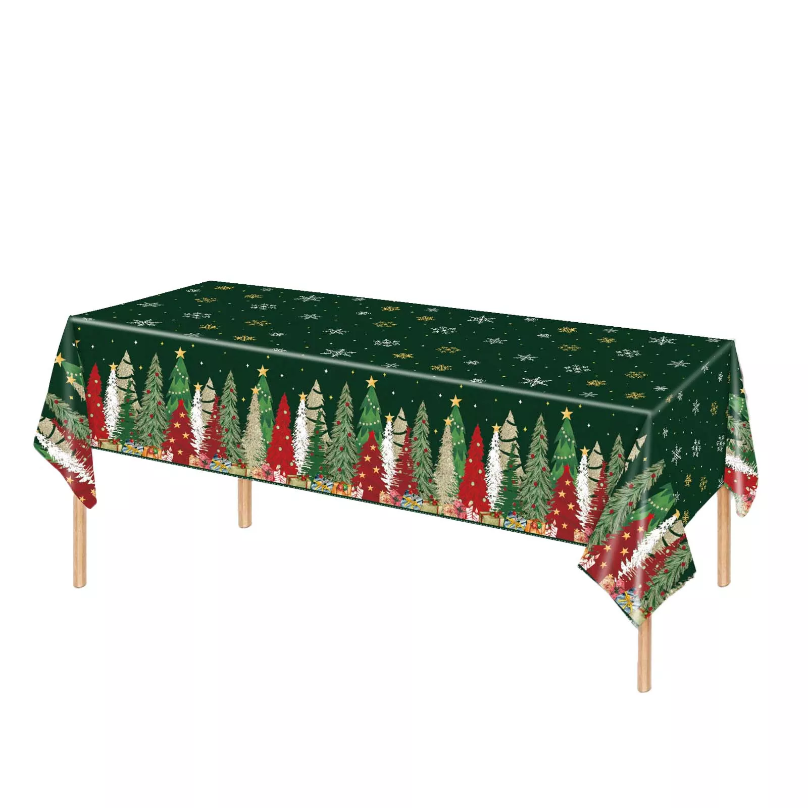 5 Pack 54"x108" Plastic Christmas Tablecloths Rectangular - Green, Christmas Tree, Snowflake & Gift Disposable Party Table Covers