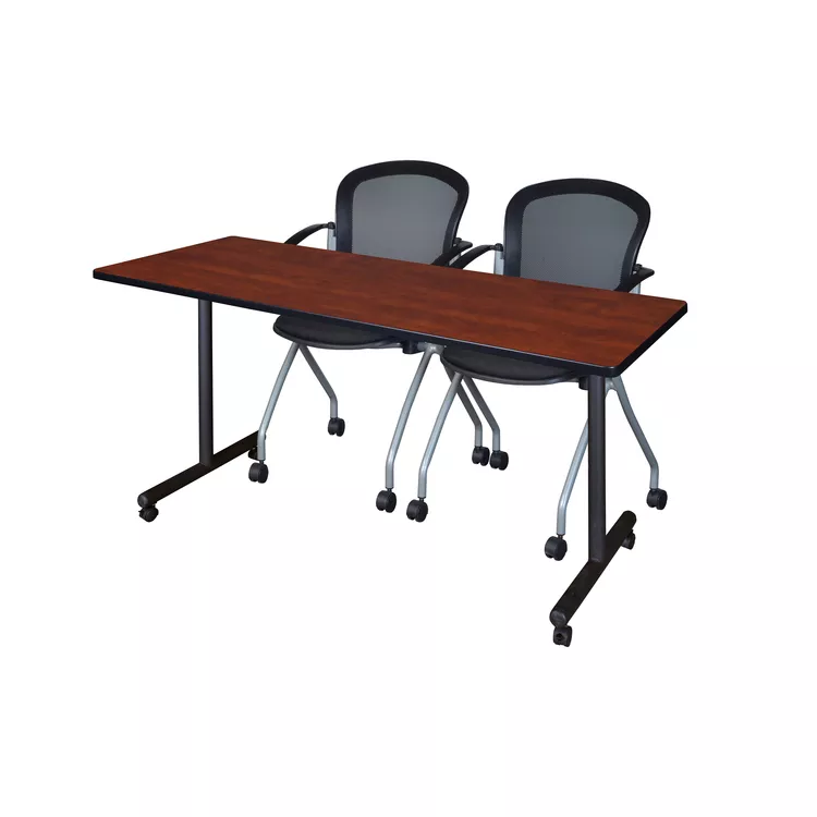 72 x 24 Mobile Training Table & 2 Black Chairs, Cherry Finish - Regency Seating