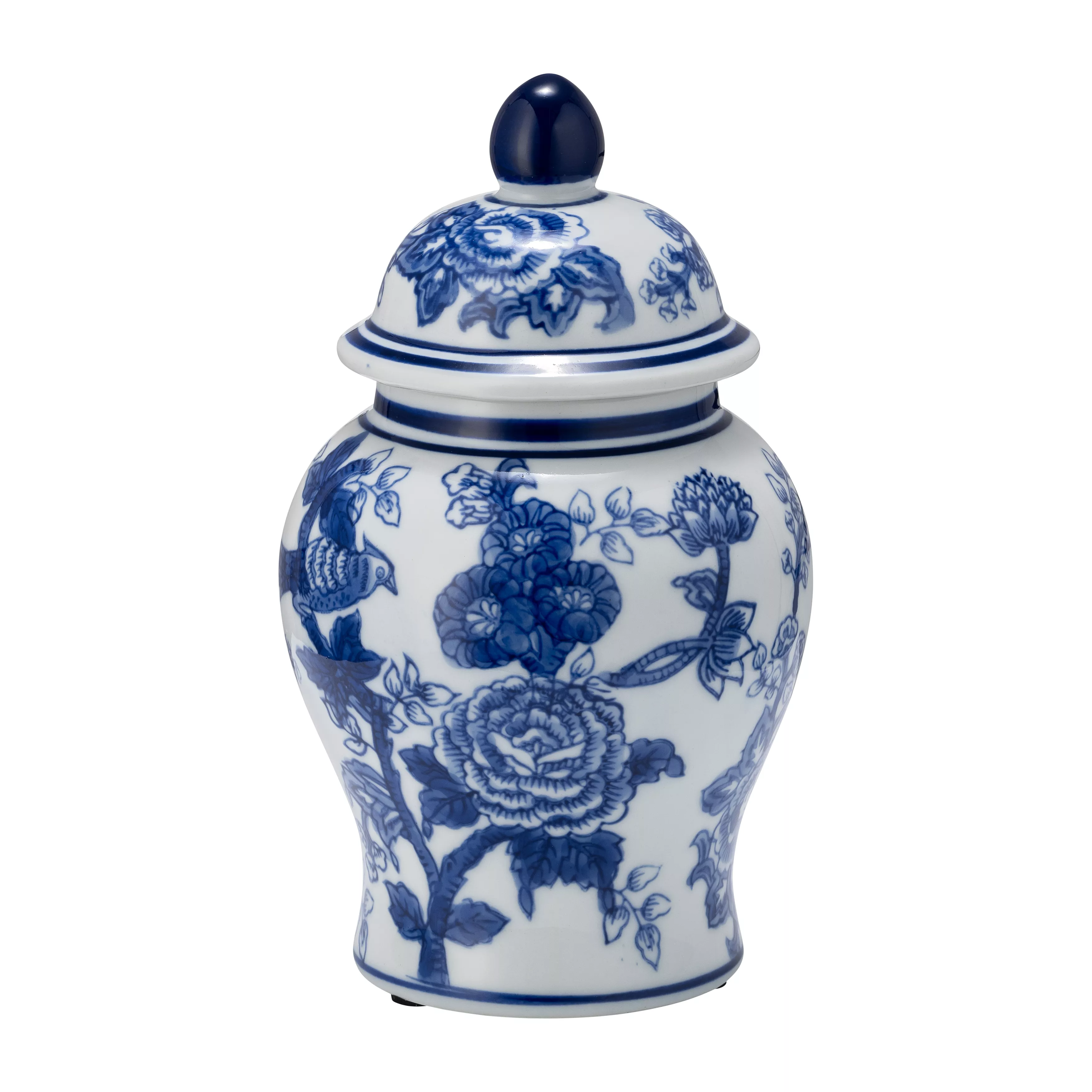 8" Temple Jar Bird/Flower Blue