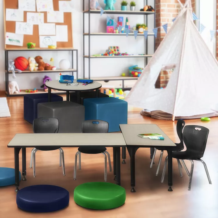 Adjustable Height Classroom Table Maple Chairs Black Stack - Regency Seating