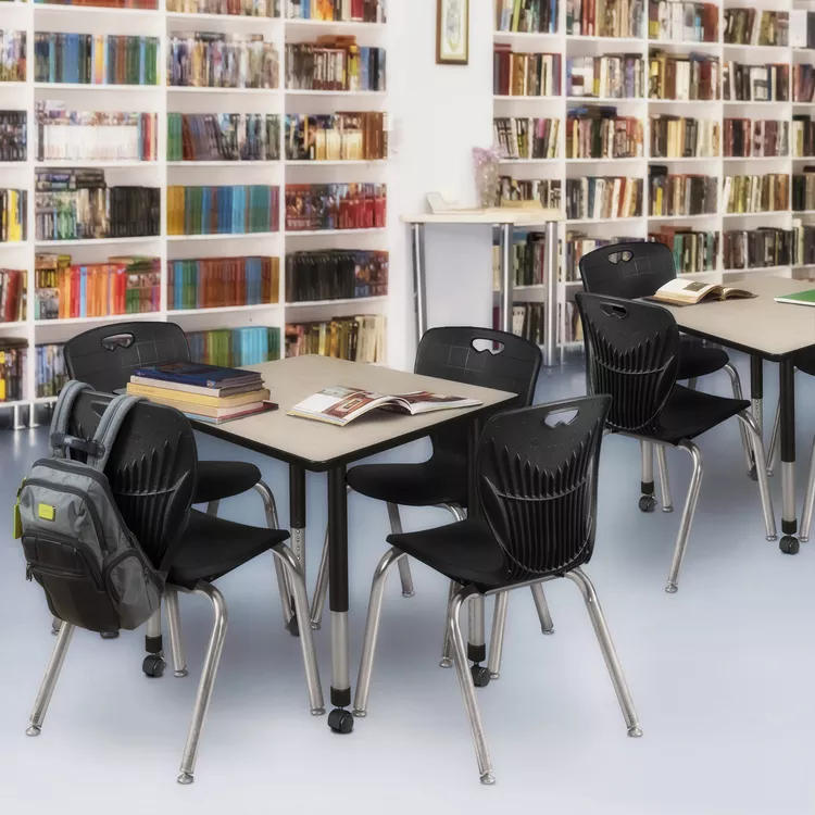 Adjustable Height Square Mobile Classroom Table 30 Maple & Black Chairs - Regency Seating