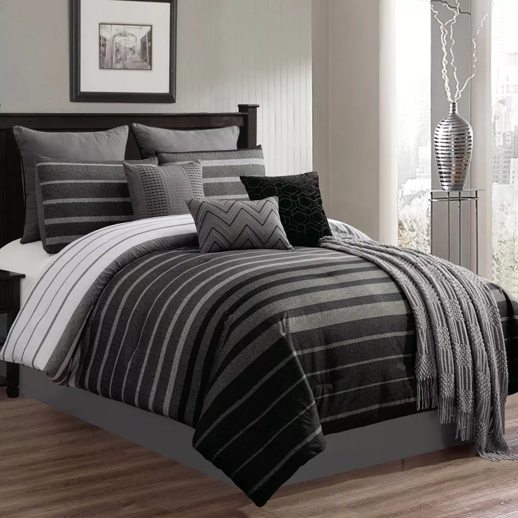 Black Gray Stripe 10 pc King Comforter Set