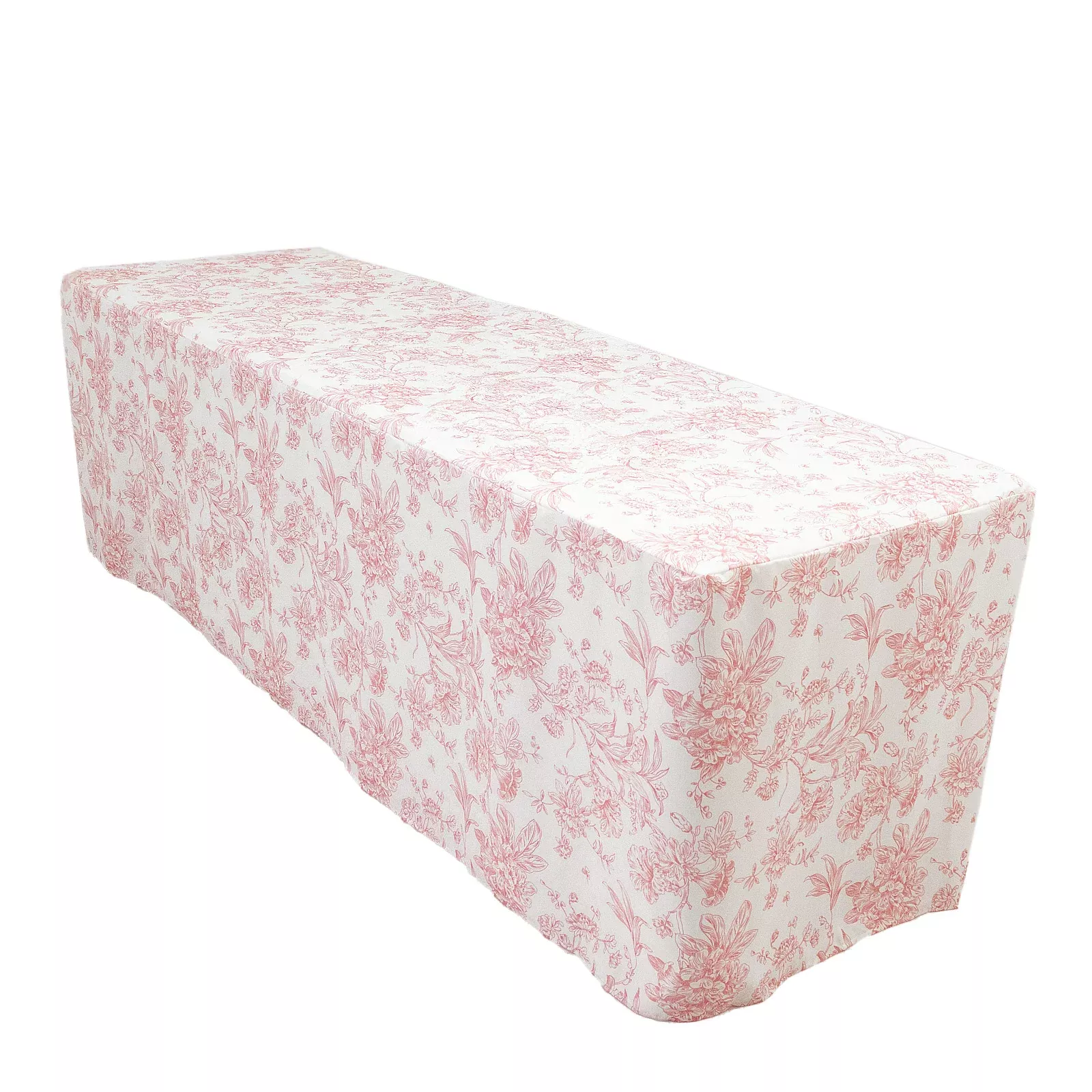 French Toile Fitted Tablecloth 8ft – Pink & White Rectangular Polyester Wrinkle-Resistant Table Cover