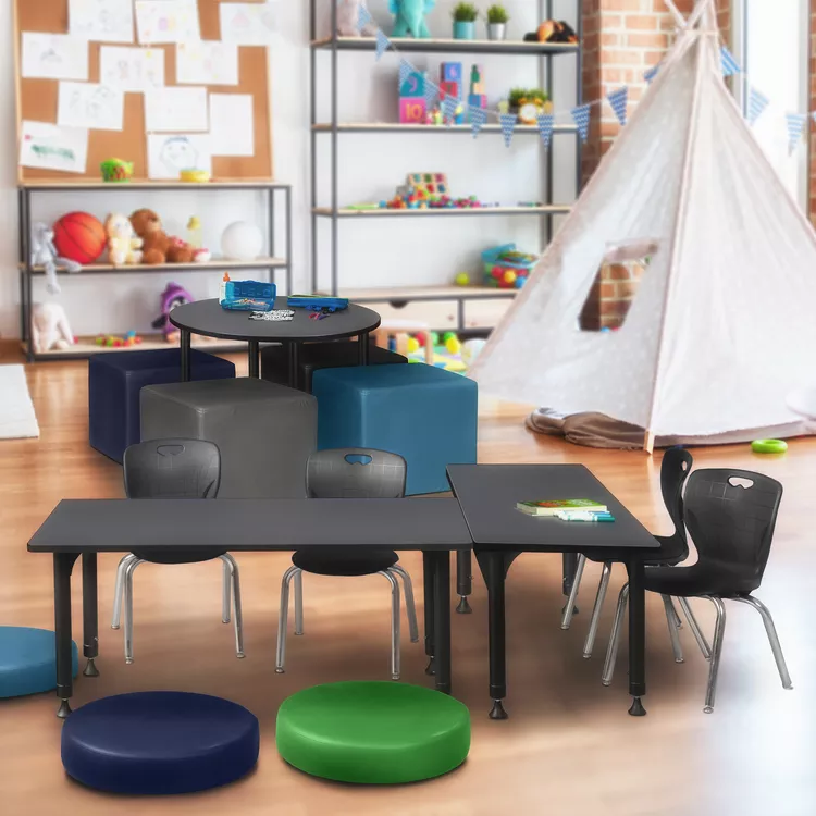 Grey Height Adjustable Classroom Table & Black Stack Chairs Set - Regency Seating