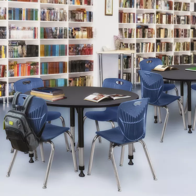 Grey Round Height Adjustable Desk & Navy Blue Stack Chairs Set - Regency Seating