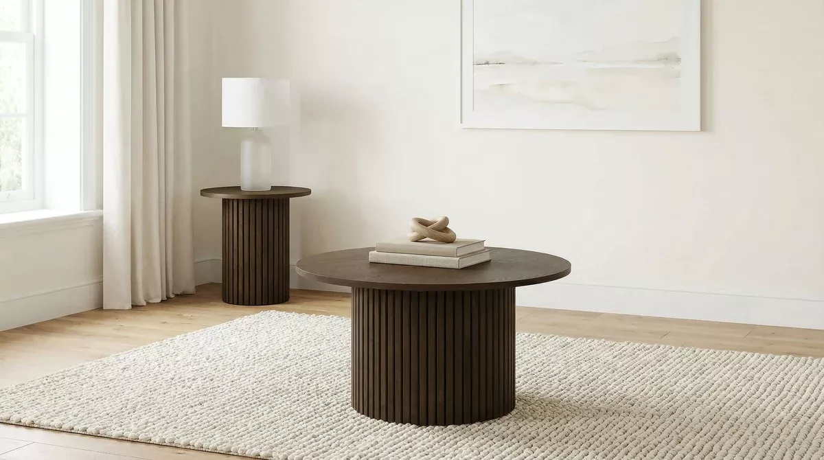 Hamlyn 2-piece Round Fluted Coffee and End Table Set Walnut