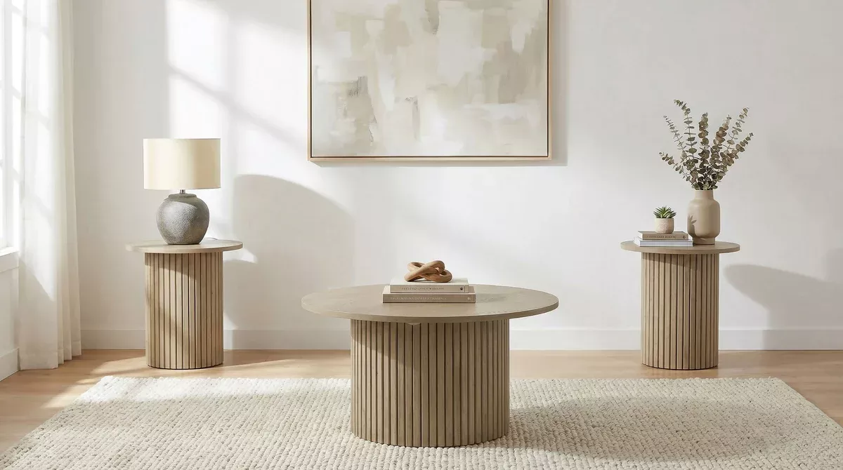 Hamlyn 3-piece Round Fluted Coffee and End Table Set Natural Oak