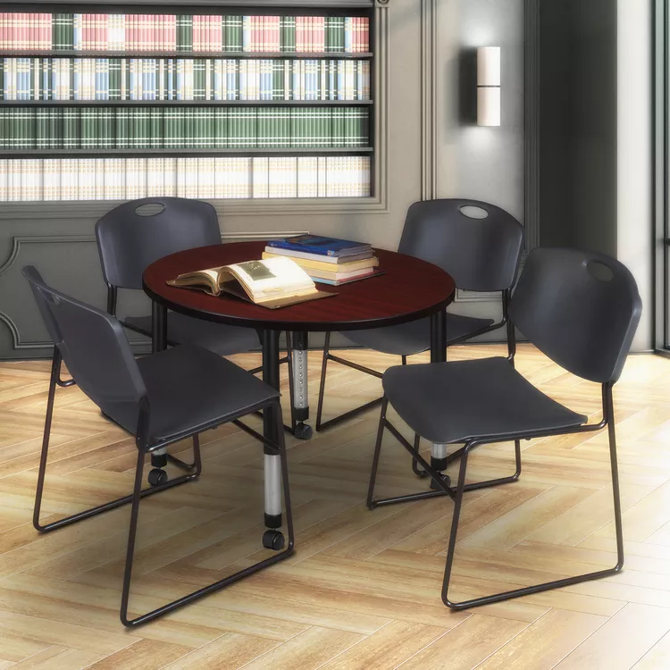 Height Adjustable Mobile Classroom Table Mahogany Chairs Black - Regency Seating