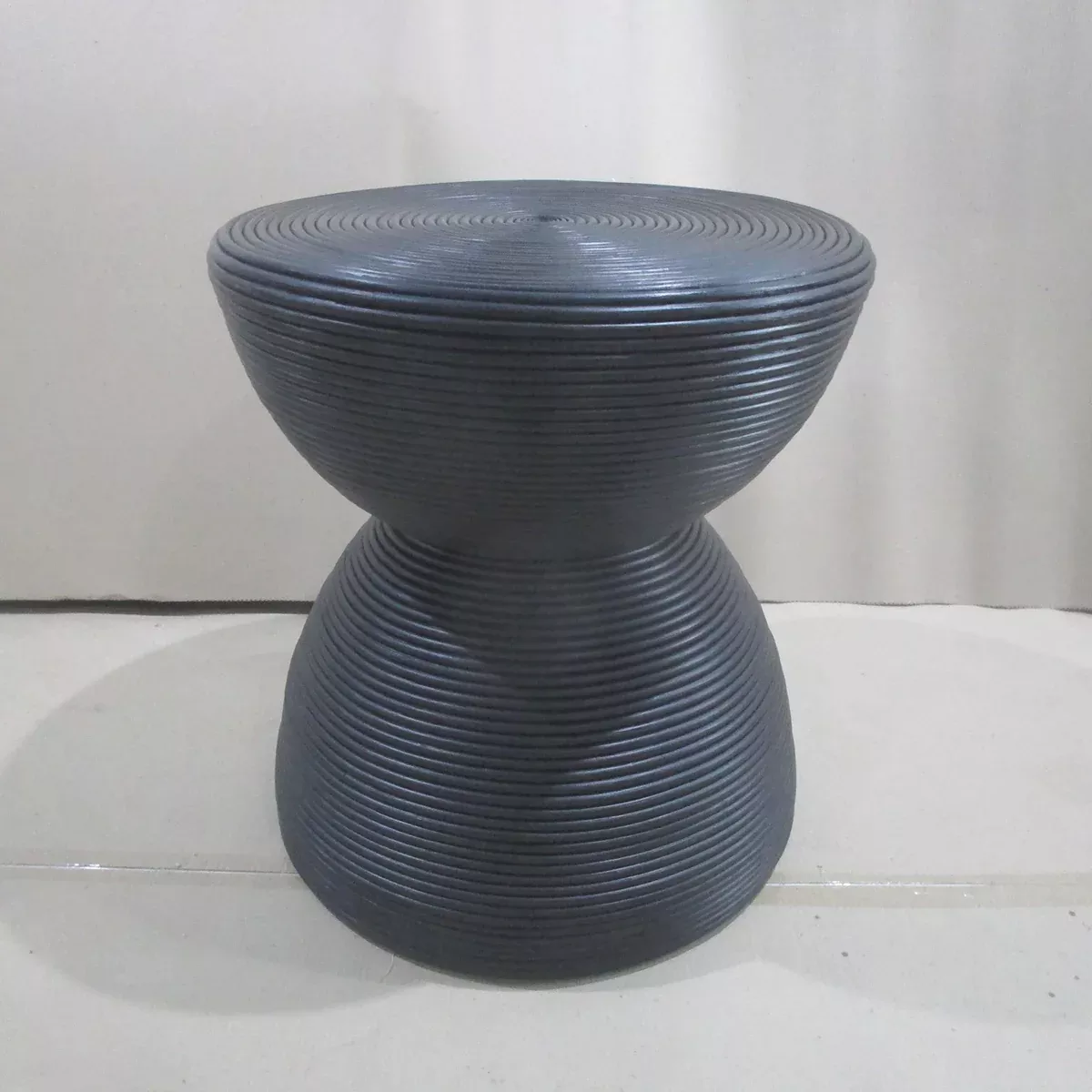 Macedo Round Ribbed Rattan Drum End Table Black