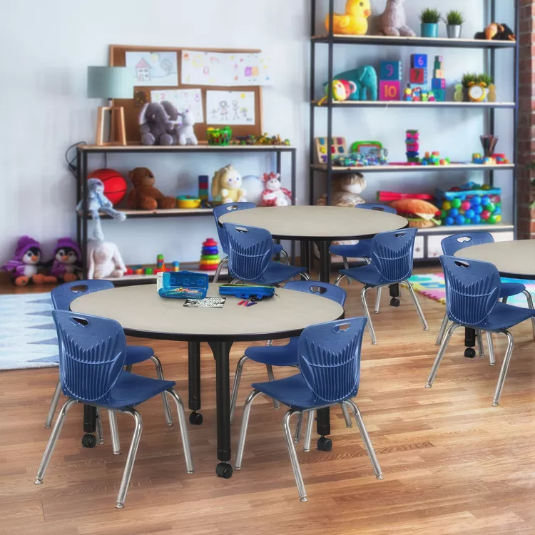 Maple 48 Round Height Adjustable Classroom Table & Navy Blue Stack Chairs Set - Regency Seating