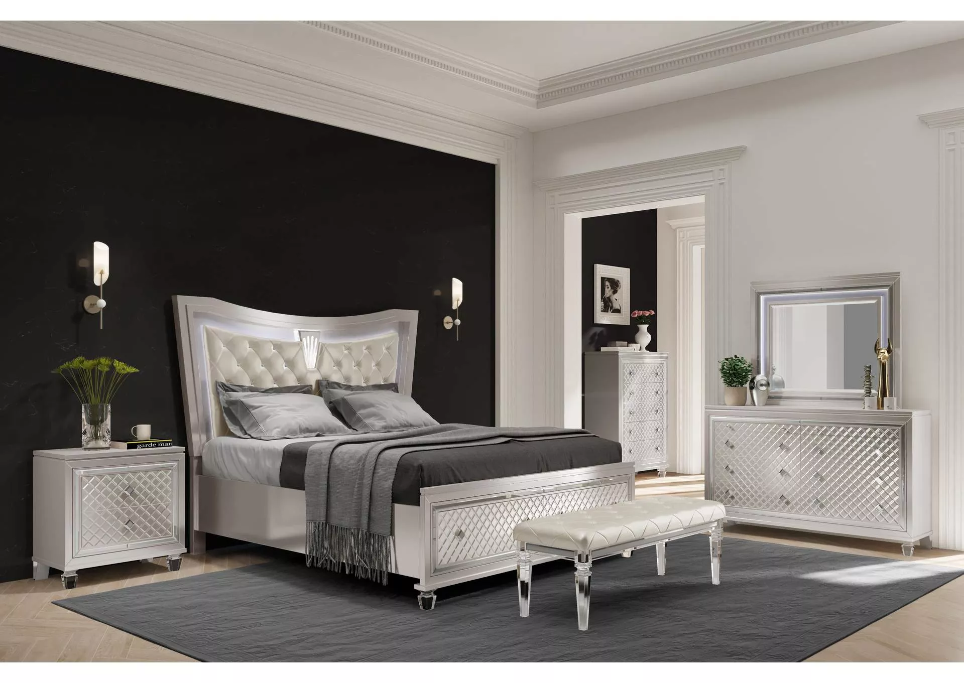 PARIS CHAMPAGNE QUEEN BED GROUP WITH LED