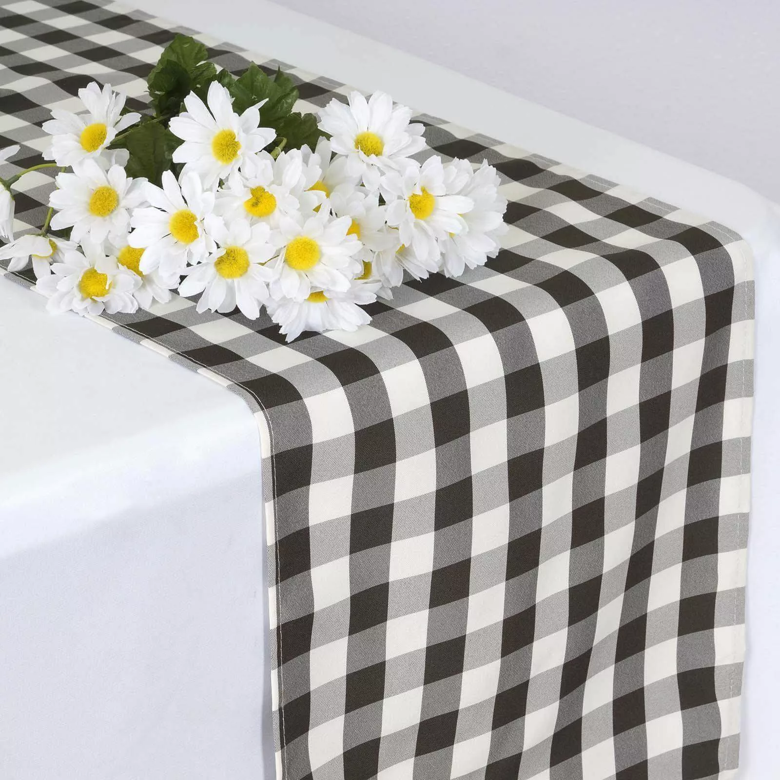 Polyester 14"x108" Table Runner Black/White - Gingham Plaid Design
