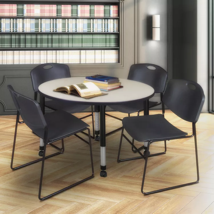 Round Height Adjustable Mobile Classroom Table & Black Stack Chairs Set - Regency Seating