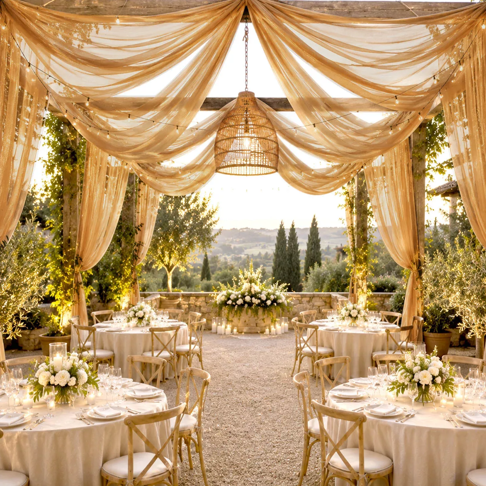 Sheer Ceiling Drape – 10ft x 32ft Gold Extra Long Drapery Panel for Wedding Canopy, Backdrop & Reception Décor