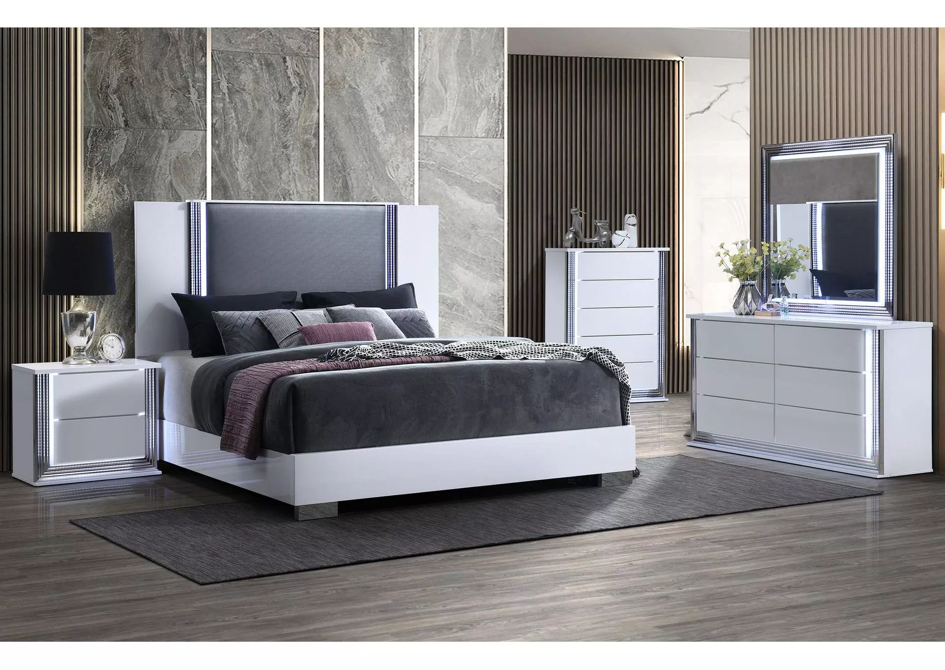 YLIME SMOOTH WHITE KING BED GROUP FULLY SLATTED