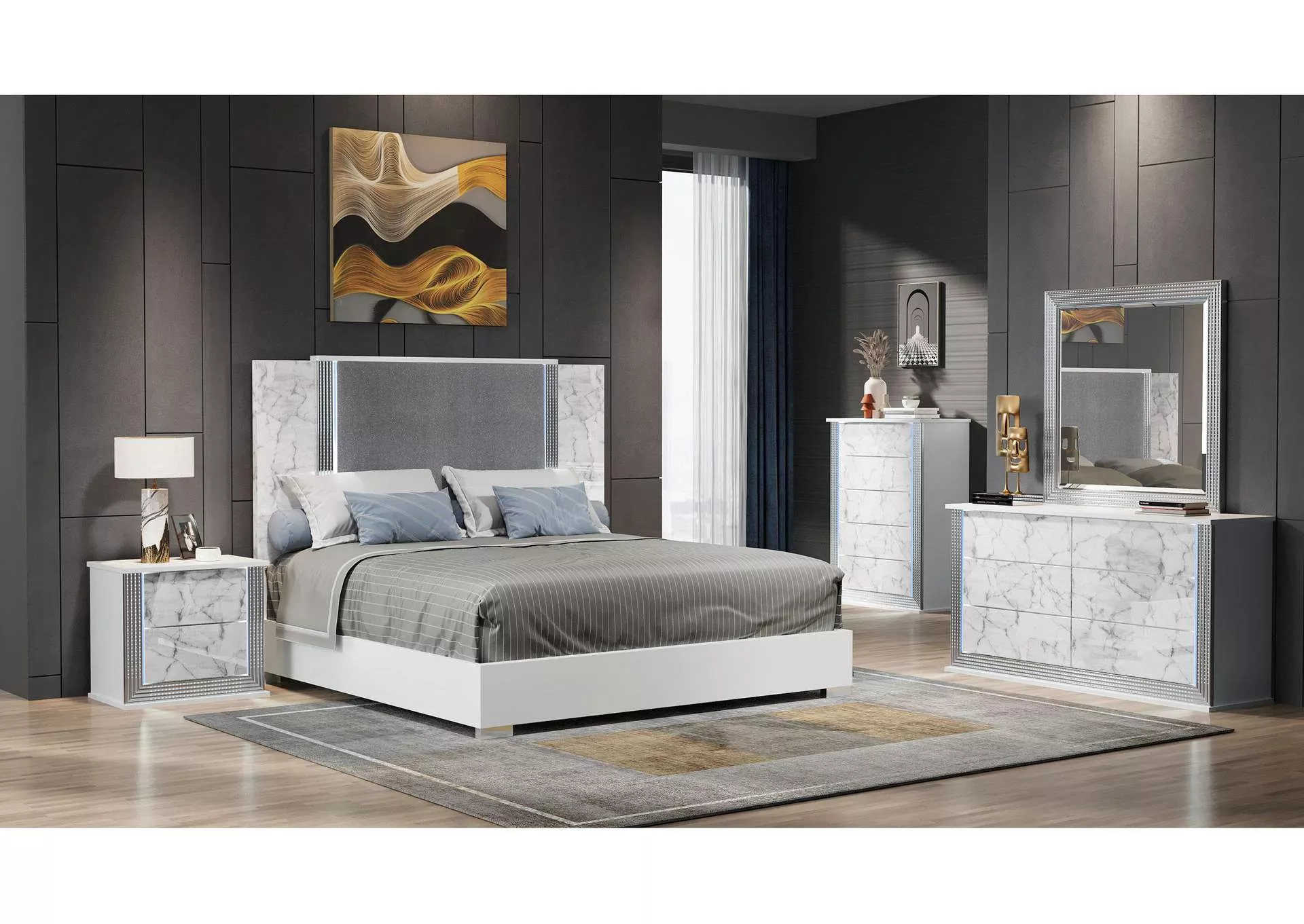 YLIME WHITE MARBLE QUEEN BED GROUP FULLY SLATTED