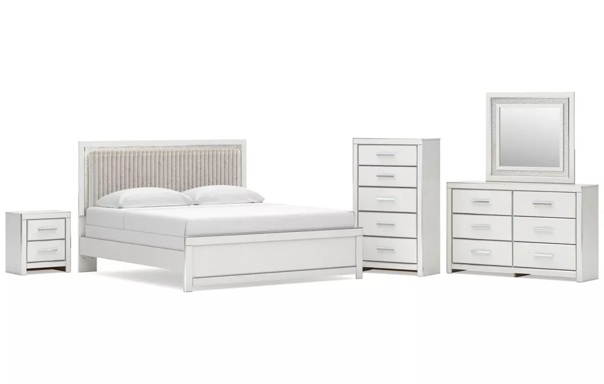 Zuraleus King Upholstered Panel Bed, Dresser, Mirror, Chest and Nightstand