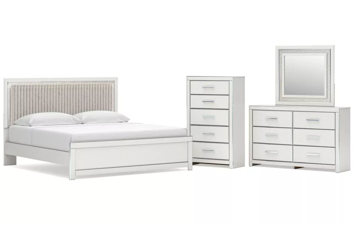 Zuraleus King Upholstered Panel Platform Bed, Dresser, Mirror and Chest