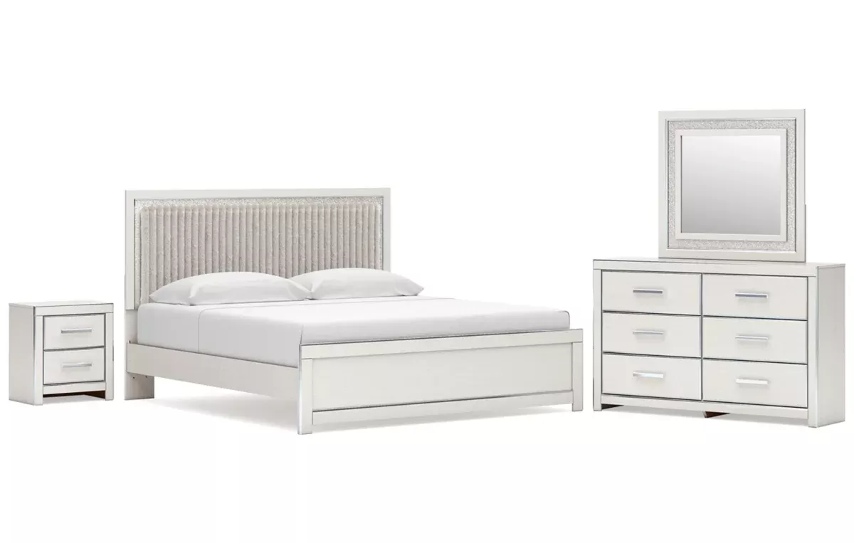Zuraleus King Upholstered Panel Platform Bed, Dresser, Mirror and Nightstand