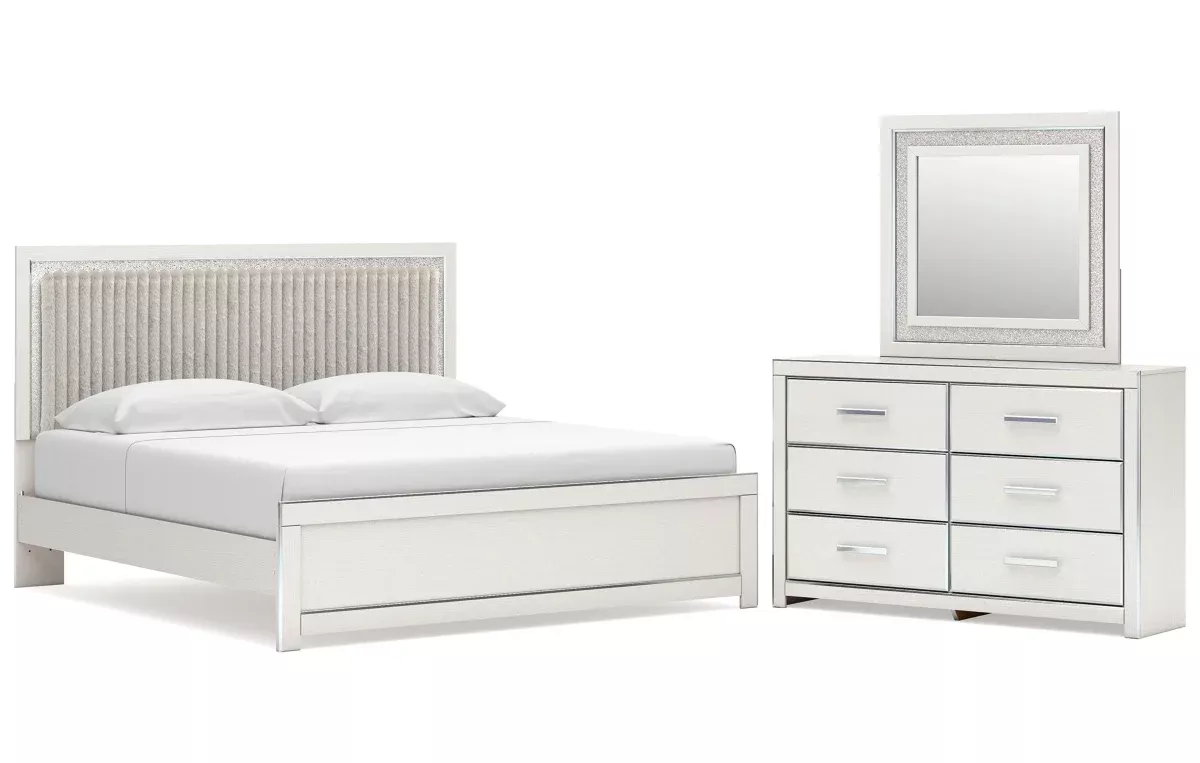 Zuraleus King Upholstered Panel Platform Bed, Dresser and Mirror