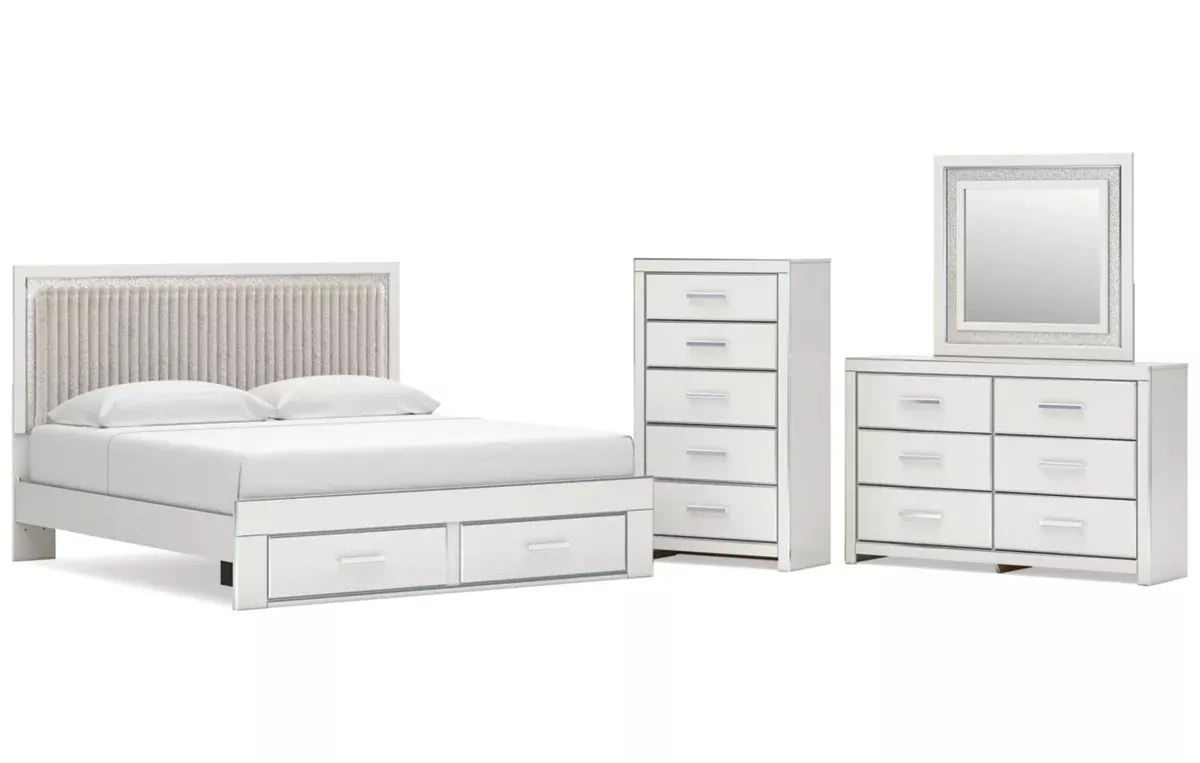 Zuraleus King Upholstered Panel Platform Storage Bed, Dresser, Mirror and Chest