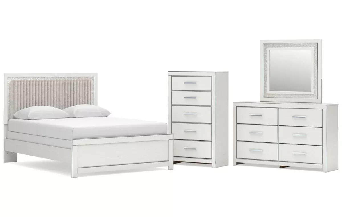Zuraleus Queen Upholstered Panel Bed, Dresser, Mirror and Chest