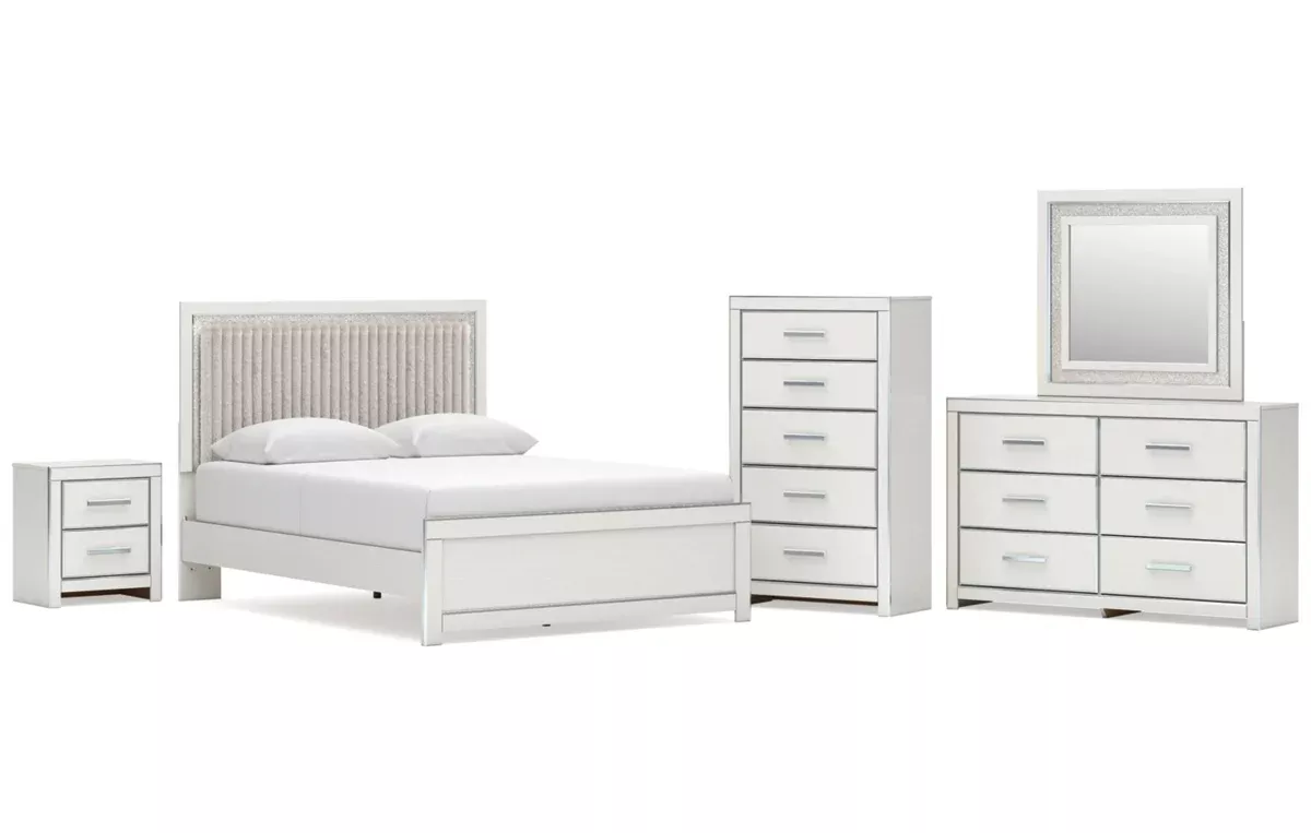 Zuraleus Queen Upholstered Panel Platform Bed, Dresser, Mirror, Chest and Nightstand
