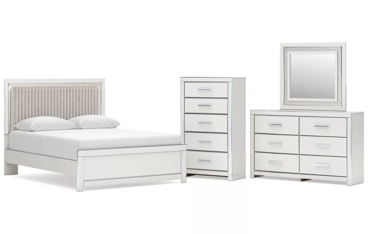Zuraleus Queen Upholstered Panel Platform Bed, Dresser, Mirror and Chest