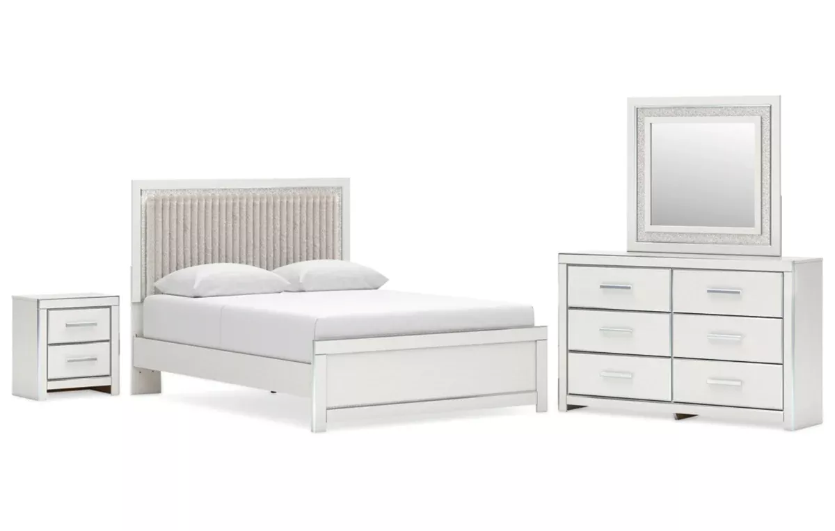 Zuraleus Queen Upholstered Panel Platform Bed, Dresser, Mirror and Nightstand