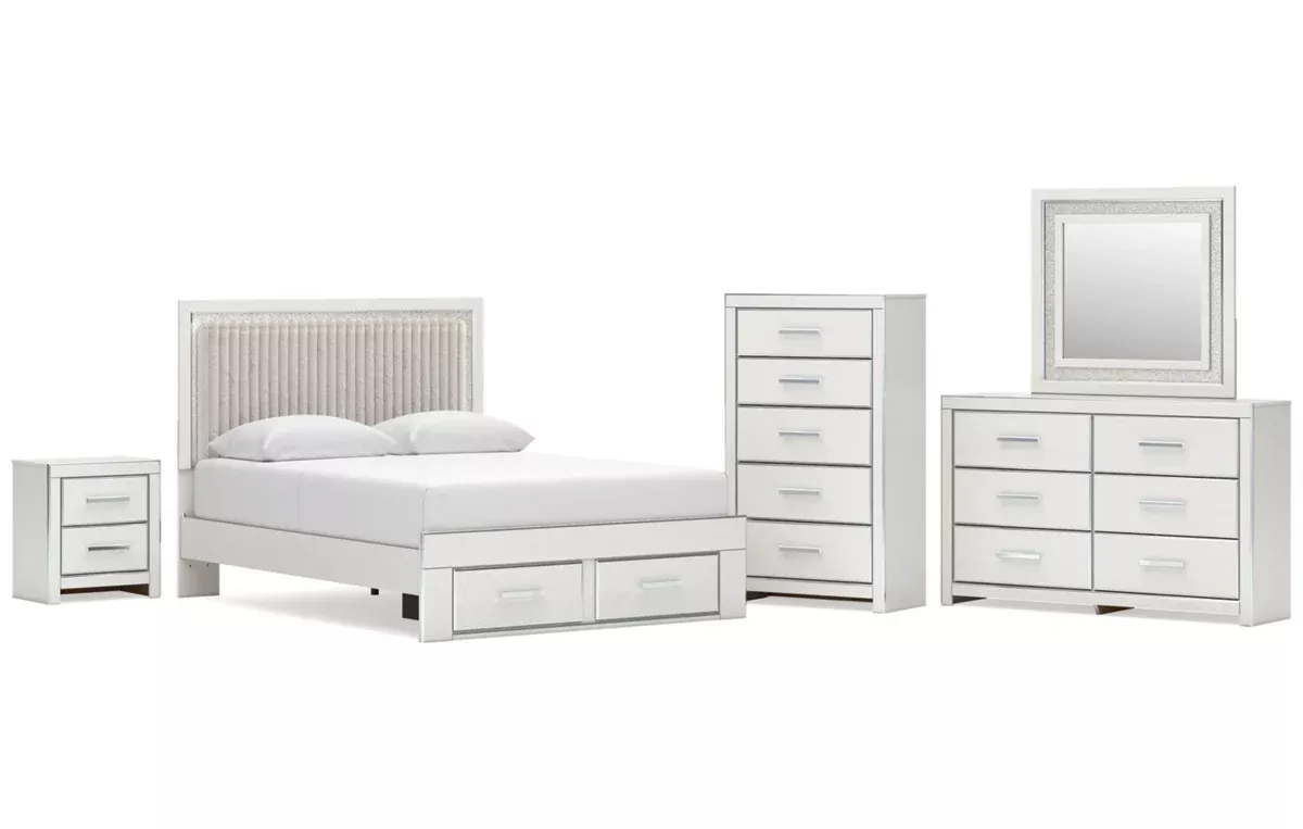 Zuraleus Queen Upholstered Panel Platform Storage Bed, Dresser, Mirror, Chest and Nightstand