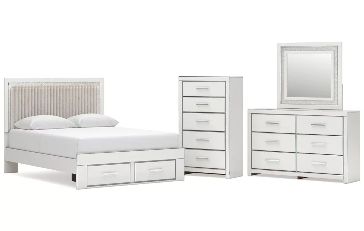 Zuraleus Queen Upholstered Panel Platform Storage Bed, Dresser, Mirror and Chest