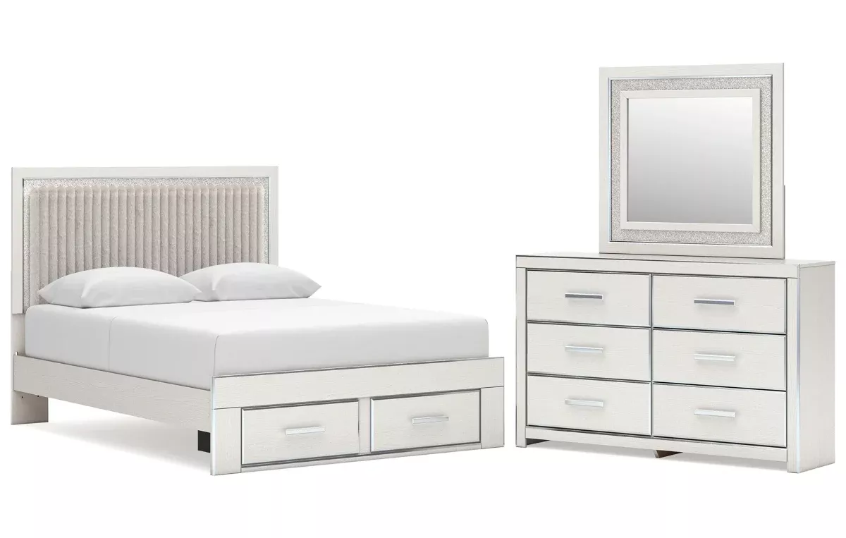 Zuraleus Queen Upholstered Panel Platform Storage Bed, Dresser and Mirror